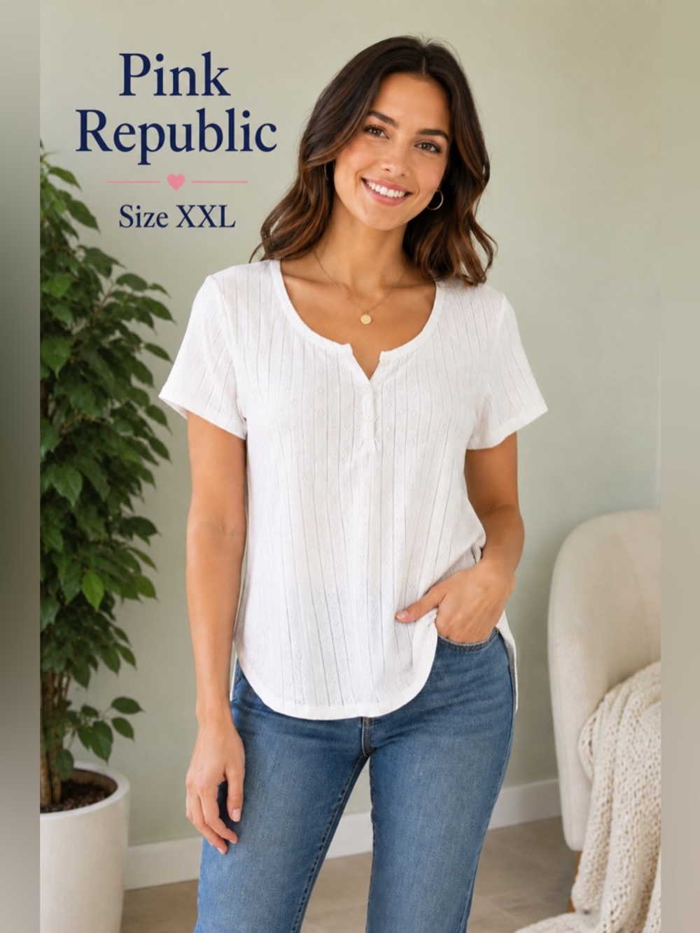 Pink Republic Ivory Short Sleeve Henley Top XXL NWT
